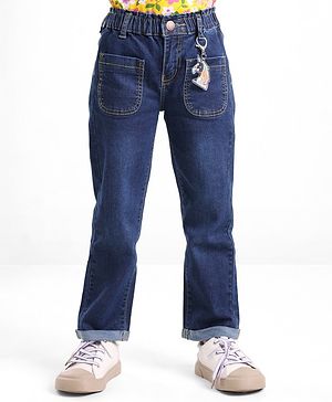 Babyhug Denim Full Length With Stretch Jeans Solid Colour With Unicorn Keychain - Blue