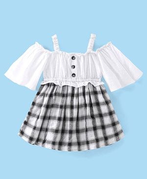 Babyhug 100% Cotton Knit Off Shoulder Sleeves Frock Checkered - White & Black