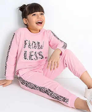 Ollington St. 100% Cotton Winter Wear Full Sleeves Co Ord Set Text Print - Pink