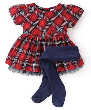 Babyhug Cotton Short Sleeves Checks Frock with Bow & Leggings - Red