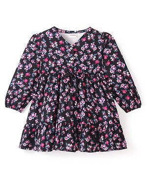 Babyhug Cotton Woven Full Sleeves Frock with Bow Applique Floral Printed - Black