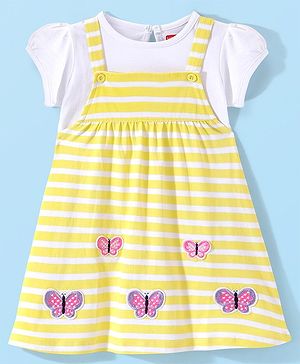 Babyhug Cotton Knit Half Sleeves Inner Tee with Frock Striped & Butterfly Embroidered - Yellow