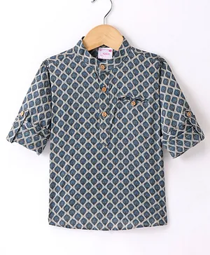 Ridokidz Full Sleeves Seamless Ethnic Floral Motif Printed Ethnic Style Shirt - Blue