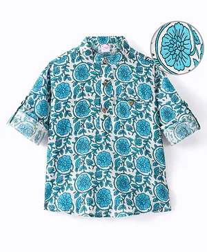 Ridokidz Full Sleeves Floral Motif Printed Kurta  - Blue