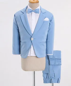Robo Fry Woven Full Sleeves Three Piece Solid Colour Party Suit with Bow - Sky Blue