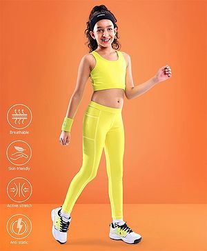 Pine Active High Stretch Breathable Solid Color Sports Bra And Legging Set - Yellow