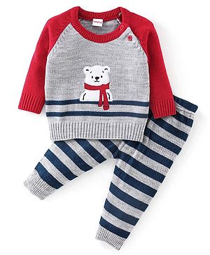 Babyhug Full Sleeves Sweater Set Striped Bear Patch - Grey Babyhug Full Sleeves Sweater Set Striped Bear Patch - Grey