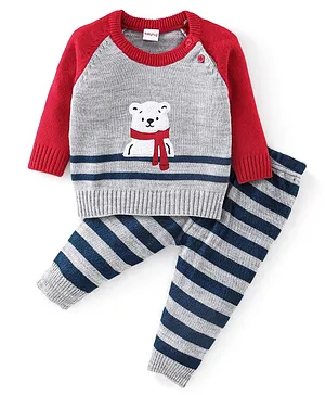 Babyhug Full Sleeves Sweater Set Striped Bear Patch - Grey