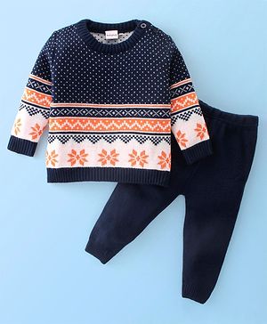 Babyhug Knitted Full Sleeves Floral Design Sweater Set -Multicolour Babyhug Knitted Full Sleeves Floral Design Sweater Set -Multicolour