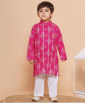 AJ Dezines Cotton Full Sleeves Bandhani Design & Gota Lace Embellished  Kurta Pyjama Set - Pink