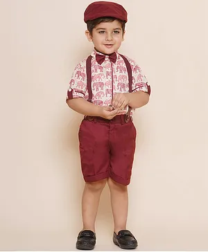 AJ Dezines Cotton Blend Half Sleeves Elephant Printed Shirt With Solid Shorts & Suspender With Cap & Bow - Maroon