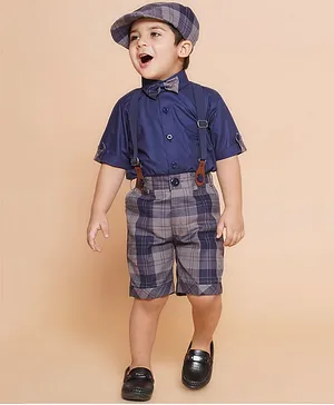AJ Dezines Cotton Half Sleeves Solid Shirt Checked  Shorts With Cap  Suspender & Bow - Navy Blue