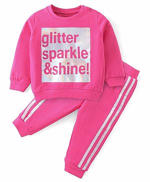 Babyhug Cotton Knit Full Sleeves T-Shirt & Lounge Pant Set Text Printed - Pink