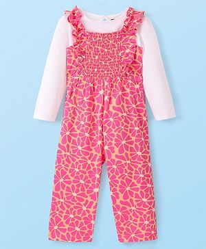 Babyhug 100% Cotton Knit Dungarees With Full Sleeves T-Shirt Floral Print - White & Pink