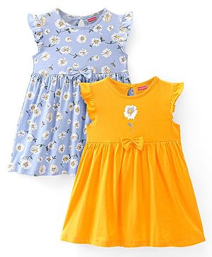 Babyhug Cotton Knit Short Sleeves Frocks Floral Print Pack of 2 - Multicolor