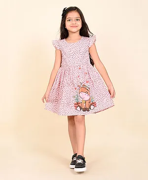 Lilpicks Couture  Cap Sleeves Cow Printed Fit & Flared   Dress - Pink