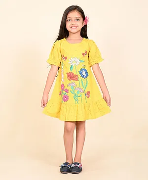 Lilpicks Couture Half Sleeves Garden Floral & Butterfly Printed A Line Dress - Yellow