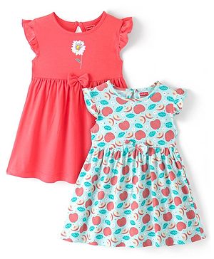 Babyhug Cotton Knit  Half Frill Sleeves Frocks Apple Print Pack of 2 - Multicolor