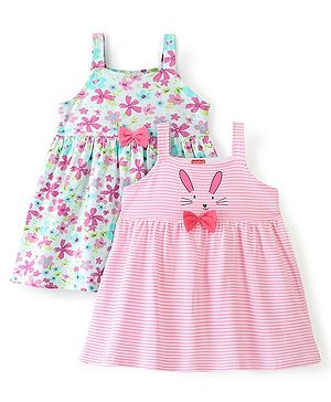 Babyhug Cotton Knit Sleeveless Frocks Floral Printed Pack of 2 - Pink & Blue