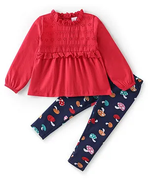 Babyhug 100% Cotton Knit Full Sleeves Top & Leggings Set With Mushroom Print - Red & Navy Blue