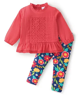 Babyhug Cotton Woven Full Sleeves Top
                              & Pant Set with Floral Print - Red
                              & Navy Blue
