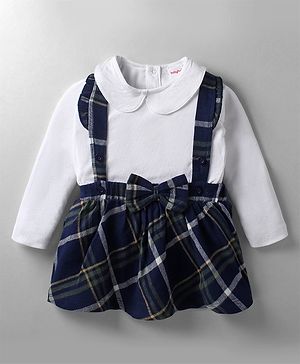 Babyhug 100% Cotton Knit Full Sleeves With Top & Skirts Checkered - White Navy Blue & Green