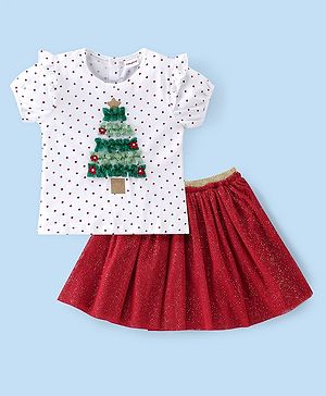 Babyhug Cotton Knit Half Sleeves Top & Skirt Set with Tree Applique & Polka Dots Print - White & Red