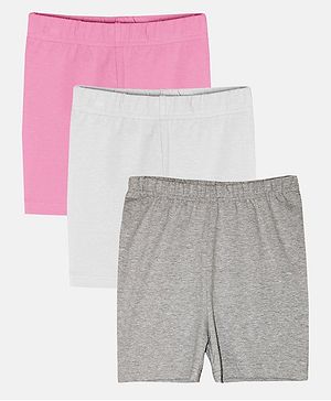 Kiddopanti Pack Of 3 Solid Cycling Shorts - Baby Pink White & Grey Melange