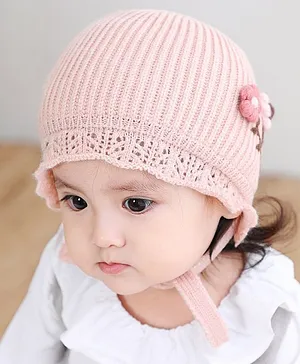 Ziory Flower Embroidered Knitted Tie Knot Cap - Pink