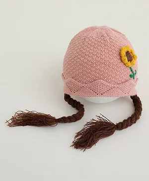 Ziory Sunflower Embroidered Woollen Cap With Braid  - Pink