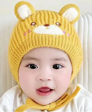 Ziory Bear Ear & Face Designed Tie Knot Knitted &Frill Detailed Beanie Cap - Yellow