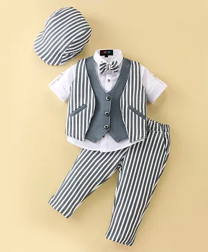 Robo Fry Cotton Lycra Full Sleeves Three Piece Party Suit Striped with Bow & Cap - Grey