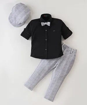 Robo Fry Cotton Lycra DC Full Sleeves Shirt & Pants Set With Suspender & Bow Solid Colour - Black & Grey