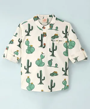 Rikidoos Full Sleeves Cactus Printed Kurta Style Shirt - Off White