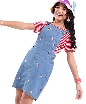 Pine Kids Denim Floral Embroidered Dungaree with Striped Half Sleeve Inner Tee - Multicolor