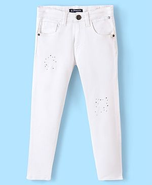 Pine Kids Ankle Length Stretchable Denim Jeans With Stud Embellishment - White