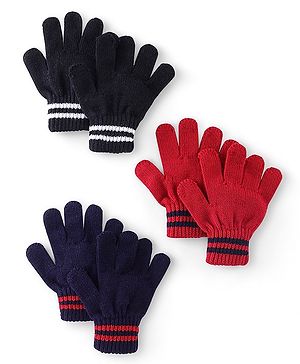 Pine Kids Knitted Striped Design Gloves Pair of 3 - Navy Blue Red & Black