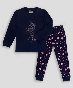 Unicorns Full Sleeves Star & Unicorns Printed Night Suit - Navy Blue