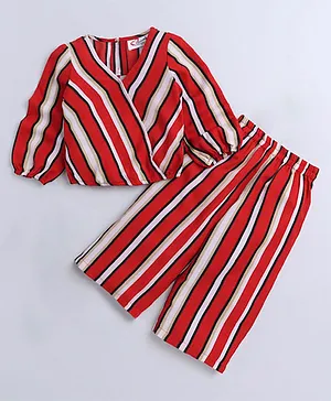 M'Andy Full Sleeves Balance Striped  Top With Coordinating Pant Set - Red