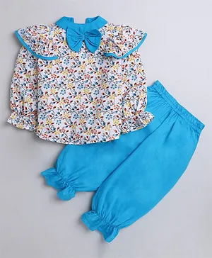 M'Andy Full Sleeves  Floral Printed Top With Attached Bow & Solid Harem Pants  - Blue