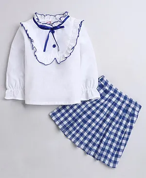 M'Andy Full Sleeves Solid Shirt & Graph Checked Skirt Set - Blue