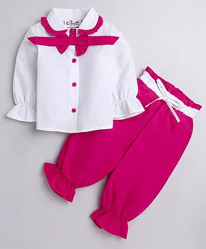 M'Andy Full Sleeves  Bow Embellished Shirt With Solid  Pant Set - Magenta Pink