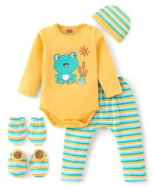 Babyhug 100% Cotton Onesies with Leggings and Cap Mittens Booties With Frog Print & Striped - Yellow & Green