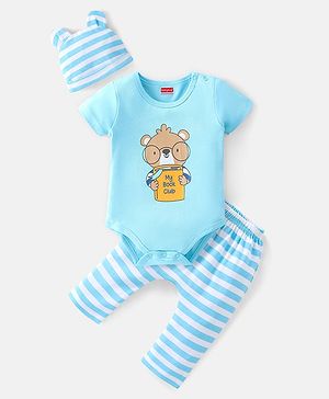 Babyhug 100% Cotton Knit Half Sleeves Onesie  with Diaper Pant & Cap Squirrel Print - Blue