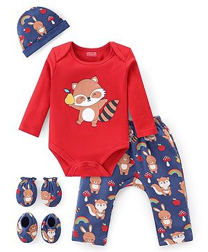 Babyhug 100% Cotton Knit Full Sleeves Onesie with Pajama Cap Mittens & Booties Racoon Print - Red & Blue