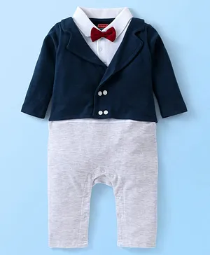 Babyhug Cotton Knit Full Sleeves Solid Party Wear Romper with Bow Tie - Navy Blue & Grey Melange