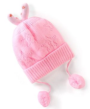 Babyhug Woollen Tie Knot Cap with Star Embroidery - Pink