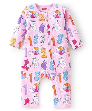 Babyhug 100% Cotton Knit Full Length Number Print Romper - Pink