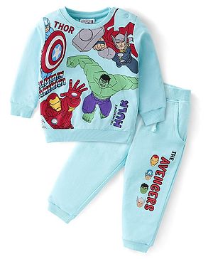 Babyhug Cotton Knit Full Sleeves T-Shirt & Lounge Pant Set The Avengers Print - Blue