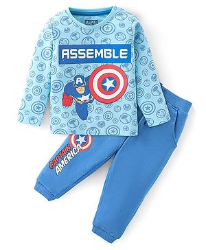 Babyhug 100% Cotton Knit Full Sleeves T-Shirt & Lounge Pant Set Captain America Print - Blue